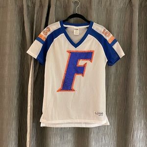PINK Victoria's Secret White Mesh Jersey with Blue and Orange F Letter